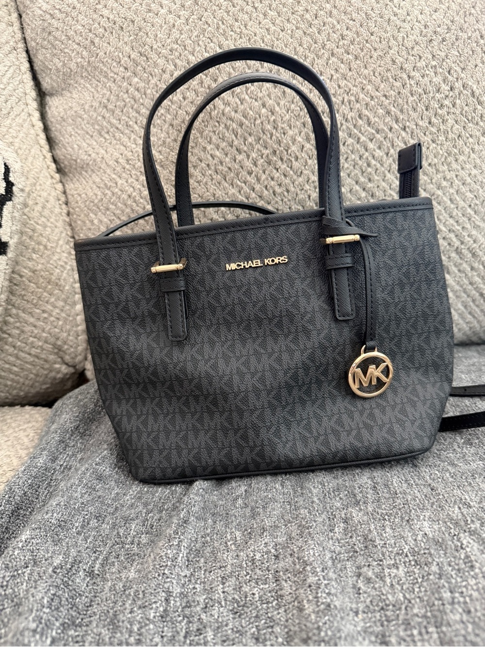 Michael Kors Black Logo Tote with Gold MK Charm